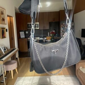 Prada Black Shoulder Bag with Silver Chain